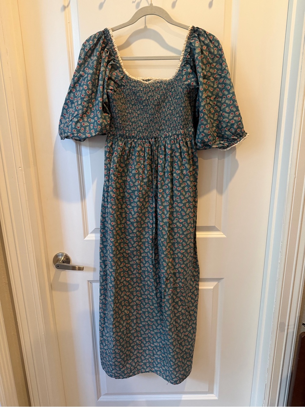 Christy Dawn Katrina Teal Floral Puff-Sleeve Smocked Midi Dress